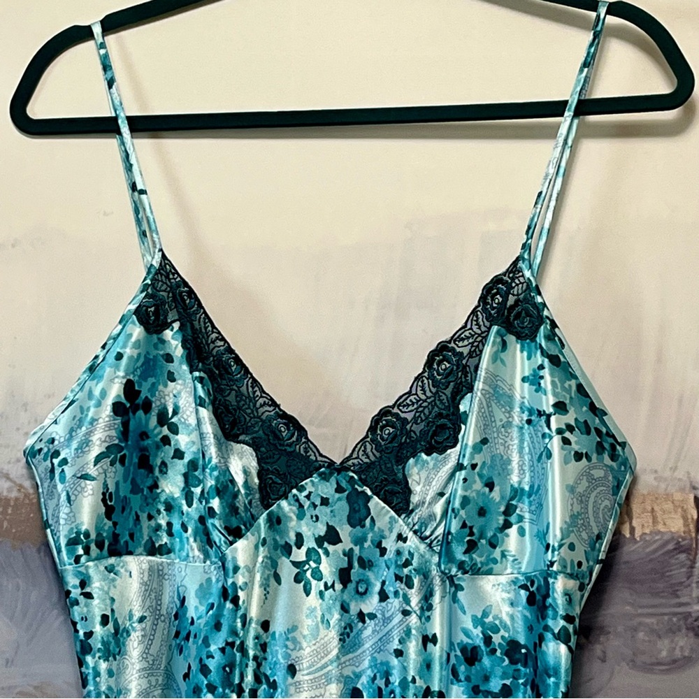 SECRET TREASURES Floral Slip Dress Lace Satin Chemise Antique Teal‎ Blue Size L - Picture 3 of 16